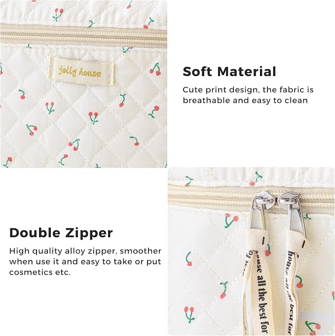 HBselect Quilted Makeup Bag, 3Pcs Cotton Large Travel Makeup Bags Organizer | Cute Floral Make up Bag Cosmetic Bag Toiletry Bag for Women Girls, Makeup Pouch for Skincare, Brushes & Travel Essentials