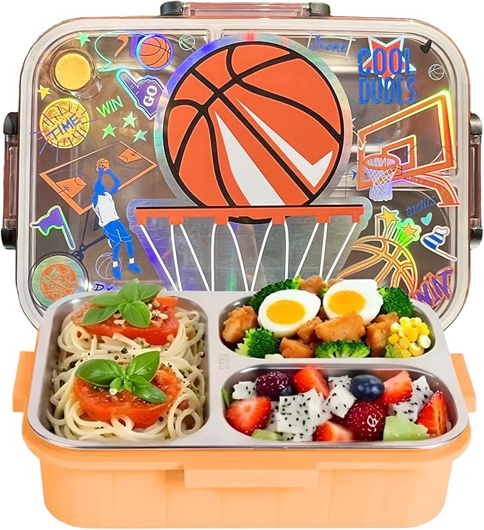 Stainless Steel Bento Lunch Box for Kids, 800ml/27oz BPA-Free Leak-Proof Food Containers with 3 Compartments, Freezer & Dishwasher Safe, Back to School Students Lunches Size for Ages 3-7