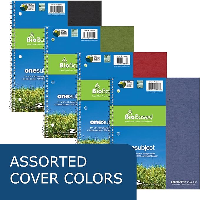 Roaring Spring Environotes Recycled Spiral Notebook, 1 Subject, 24 Pack, 11" x 9", 80 Perforated Sheets, 20 lb Bio-Based Paper, College Ruled w/ Margin, Assorted Earthtone Covers, Double Pocket, Made in USA