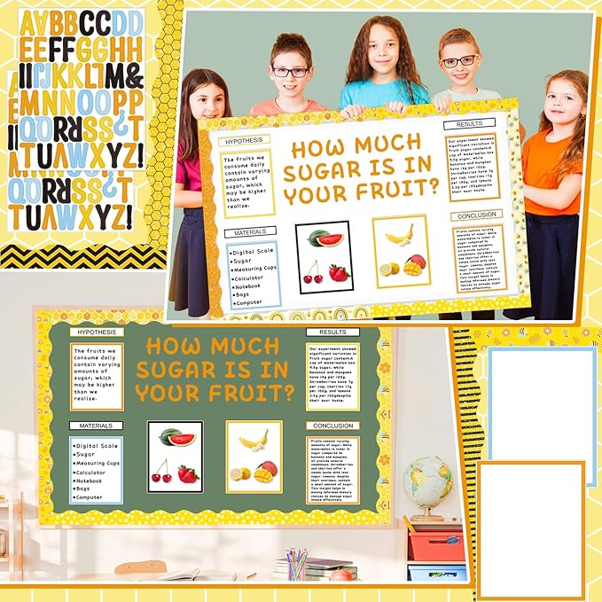 122Pcs Science Fair Board Supplies 72 Bee Trim Scalloped Borders 36 Presentation Board Subtitles 6 Self Adhesive Project Titles 8 Letter Stickers for Classroom Office Decor(Bee)
