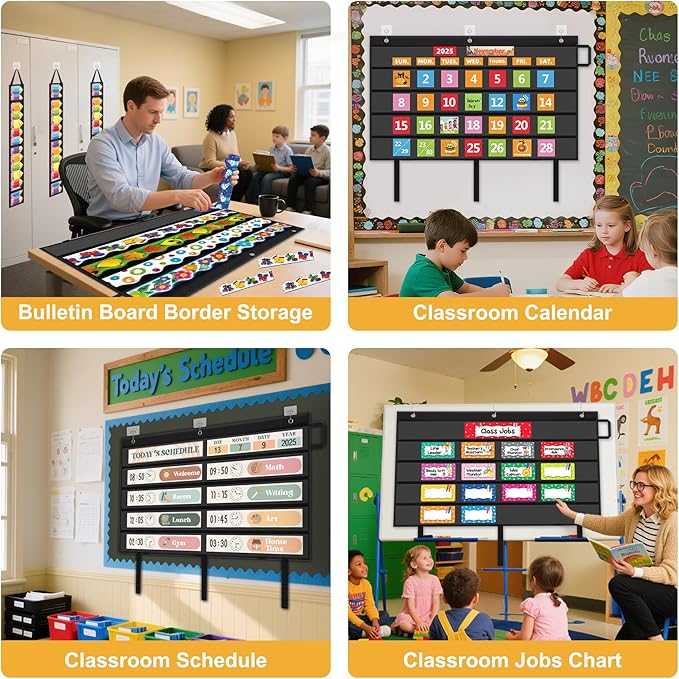 AKAYOK Foldable Bulletin Board Border Organizer with 5 Clear Pockets - Space-Saving Classroom Storage for Teachers, Homeschool & Office Supplies (37" x24" Black)