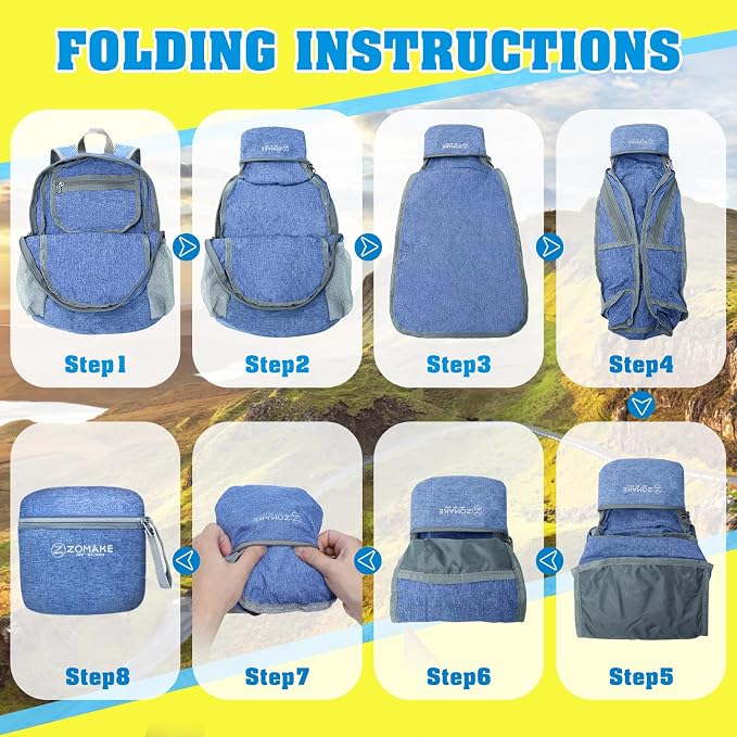 ZOMAKE Lightweight Packable Backpack, 10L Small Foldable Daypack for Hiking | Water Resistant Collapsible Backpacks for Women Men, Everyday Carry, Multi Compartment Storage,Adjustable Strap(Dark Blue A5)