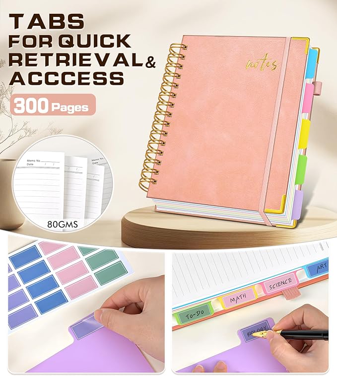 5 Subject Spiral Notebook Journal with Removable Dividers Tabs, 300 Pages Organizer Notebooks for Work School, A5 Hardcover Leather Notebook College Ruled, Lined Journal for Women Men，Pink