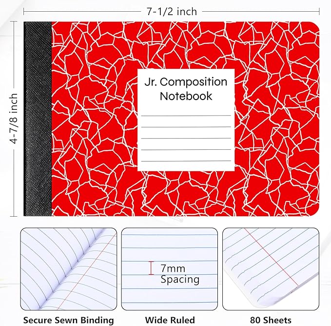 Resurhang 24 Pcs Jr. Composition Notebooks Colored Marble Half Size 4-7/8 x 7-1/2 Inches Composition Notebook 80 Sheet Marble Wide Ruled Assorted Primary Cover Notepad Bulk (Red Blue)