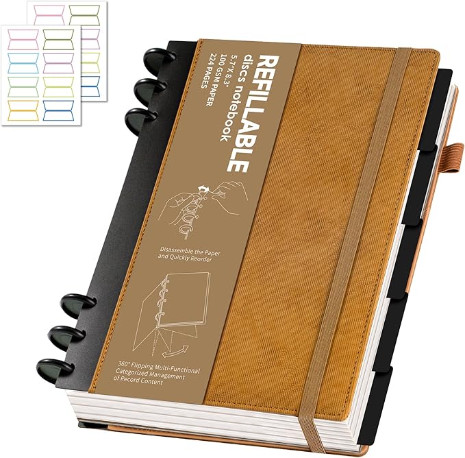 Yoment Refillable Notebooks for Work Discbound: Hardcover Notebook with 5 Subject Removable Dividers Tabs Colleged Ruled Small Journal for Writing Women Men 224 Pages,Brown