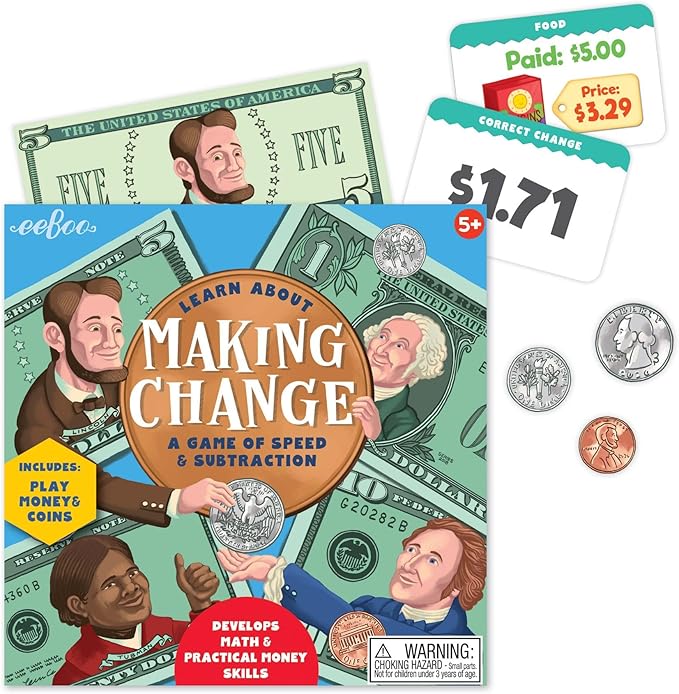 eeBoo: Making Change Game, 50 Item Cards with Play Money, Develop Math and Practical Money Skills, Perfect for Ages 5 and up
