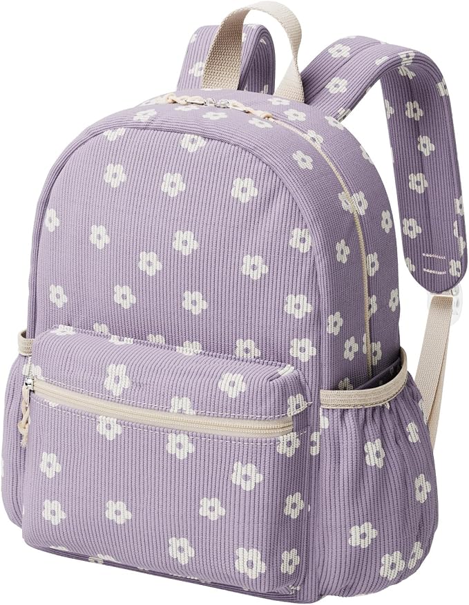 Corduroy Kids Backpack for Boys Girls Ages 5-8 | 15 Inch Water-Resistant Lightweight School Bookbag for kindergarten and Elementary, 1st-3rd grade(Large,Purple Floral)