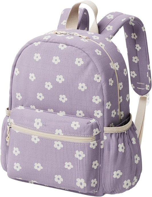 Corduroy Kids Backpack for Boys Girls Ages 5-8 | 15 Inch Water-Resistant Lightweight School Bookbag for kindergarten and Elementary, 1st-3rd grade(Large,Purple Floral)
