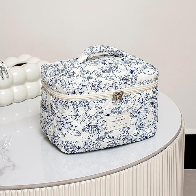 uekeboag Large Travel Quilted Makeup Bag for Women | Soft Floral Cotton Cosmetic Bag, Foldable Coquette Aesthetic Toiletry Organizer