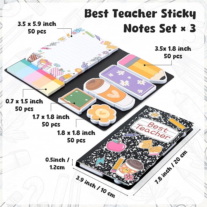 B1ykin Best Teacher Sticky Notes Set - Black Composition Line Teacher Self-Stick Notes Pad, 550 Sheets Writing Memo Pages Sticky Notepad for Teacher Appreciation Gifts, School Office Supplies (3Pcs)
