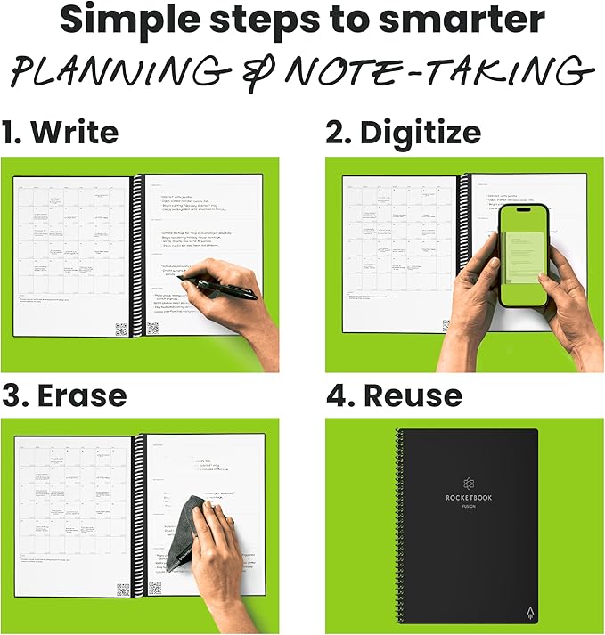 Rocketbook Fusion Hybrid Reusable Planner and Notebook in One, Additional Blank Pages, Goal and Project Tracker, Undated Planner, Letter Size 8.5x11, Black (Pack of 1)