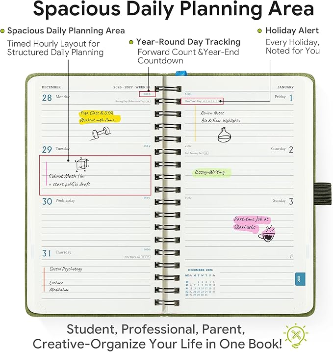 2026-2027 Planner, Daily Weekly Monthly Academic Planner, 18 Months Spiral Bound Agenda, 6.5" x 3.75", Vertical Layout, Calendar Planner, Vegan Leather Soft Cover,Olive Green