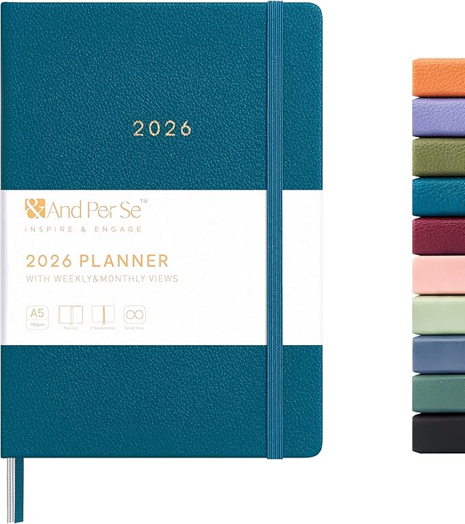 And Per Se 2026 Planner-Daily, Weekly & Monthly Leather Hardcover Planner, 5.7" x 8", Daily Schedule, 100 GSM Thick Paper, Back Pocket(Dark Turquoise)