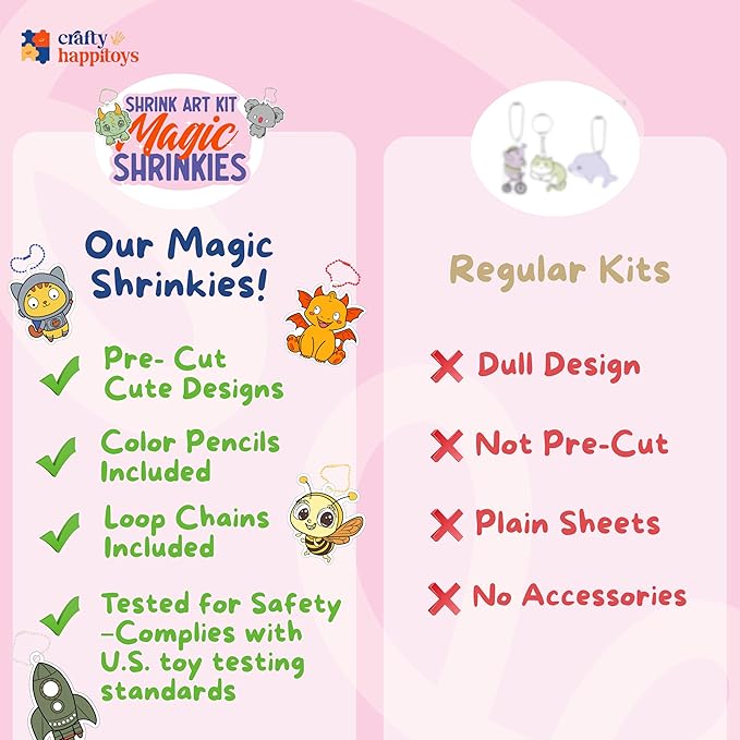 CRAFTY HAPPITOYS Shrink Art Sheets - Craft Kit for Kids - Art and Craft for Kids - Shrink Plastic Sheets with 30 Pre Cut Charms - DIY Jewelry Making - Keychain Activity - Shrinky Kit 70pc