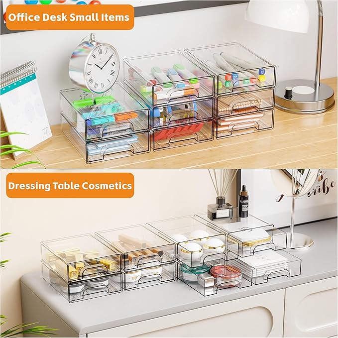 Yieach 2.2'' High Small Clear Stackable Storage Drawers,4 Pack Desk Organization and Storage Bins,Plastic Office Supply Organizer,Acrylic Drawer Storage Organizer for Makeup,Accessory,Pen,Art Crafts