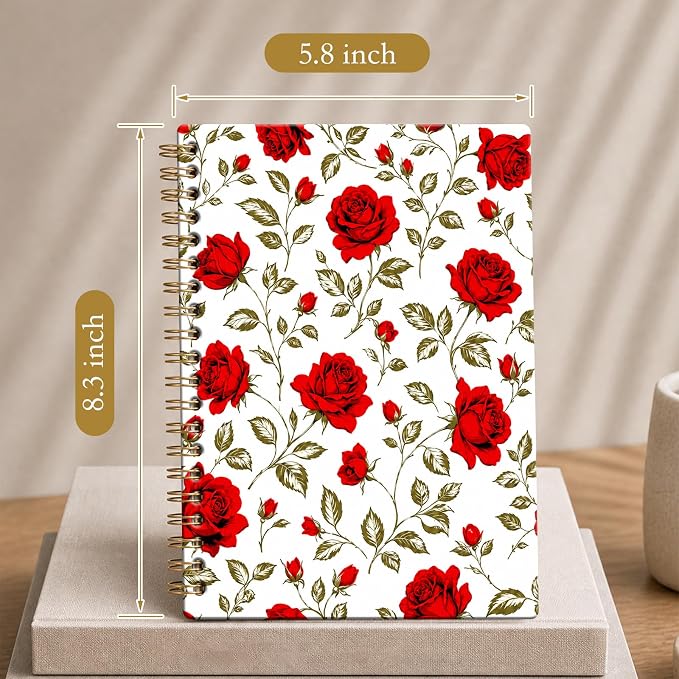 ATJFKIXL Cute Spiral Journal Notebook, A5 120 Page College Ruled Wirebound Notebook, Soft Cover for Students Office Notes and Planning - Red Rose Floral