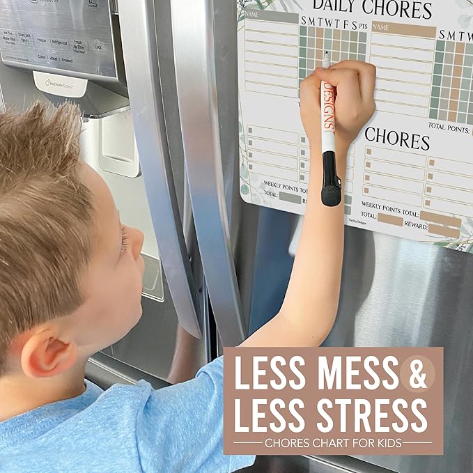 Hadley Designs Magnetic Chore Chart for Kids Multiple - Chores Board for Refrigerator, Dry Erase Task Chart for 2 Kids Daily Behavior, Family Weekly Planner for Teens and Adults, Greenery Chore Board