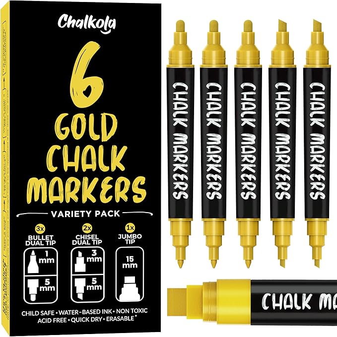 Chalkola 6 Gold Chalk Markers - Dual tip, Fine & Jumbo Tip (1mm, 3mm, 5mm, 15mm) | Erasable Liquid Chalk Pens for Blackboard, Chalkboard Signs, Car Window, Bistro, Glass | Washable Chalkboard Markers