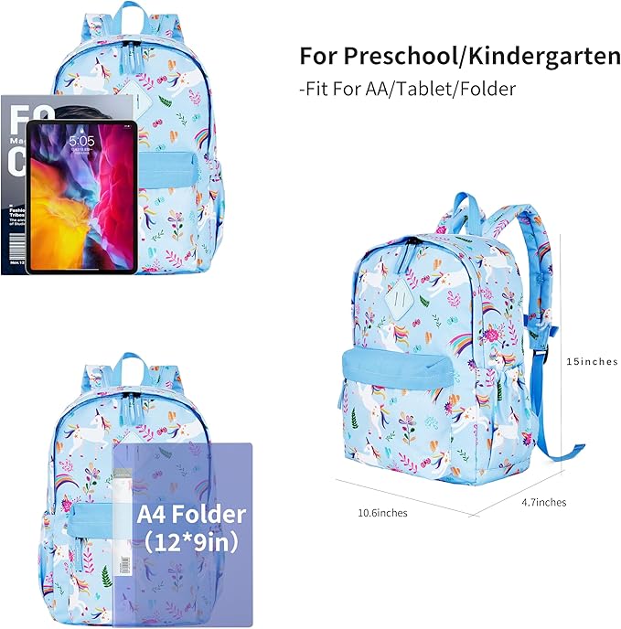 KK CRAFTS Preschool Backpack Kindergarten Little Kids Toddler Elementary School Backpacks for Boys and Girls with Chest Strap(15Inch, Blue Unicorn)