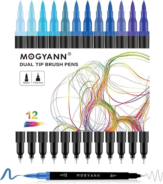 Blue Markers, 12 Pack Dual Brush Pens Drawing Markers for Art Sketching
