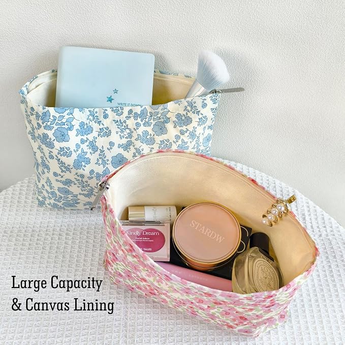 STARDW Aesthetic Floral Makeup Bag Cute Small Cosmetic Bags for Women Girls, Travel Toiletry Bag Large Capacity Zipper Makeup Pouch, Purse Organizer Pouches