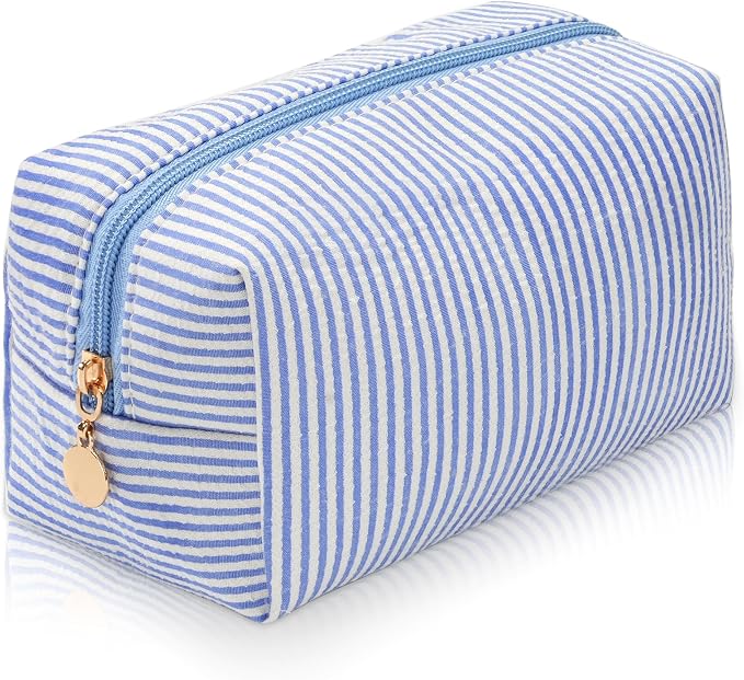 Makeup Bag Travel Toiletry Bag for Women, Small Cosmetic Bags Cute Stripe Blue Aesthetic Organizer Makeup Pouch for Purse Emergency Bag Pencil Case Accessory Bag