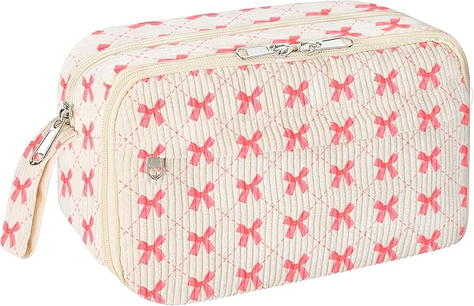 WOBAGMEN Cute Pencil Case,Large Corduroy Zippered Pencil Case Pouch, aesthetic Pencil Bag with Compartments, Pencil Pouch School Supplies (HY-corduroy pc-pink bow)