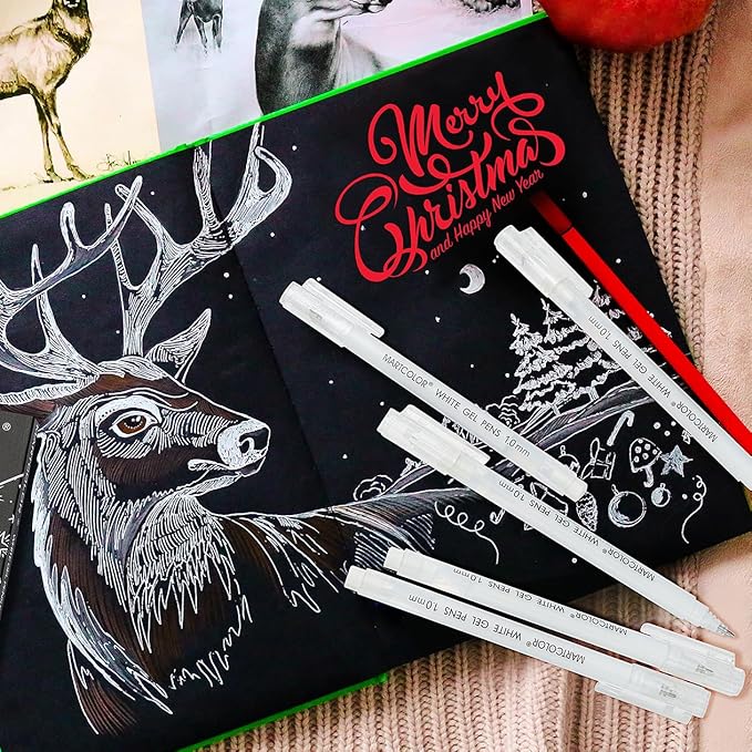 MARTCOLOR White Gel Pens, 1.0mm Fine Point Opaque Archival Ink Pen for Black Paper Drawing, Art Highlight, Illustration, Bullet Journaling, Card Making & DIY Projects, 3 Pack