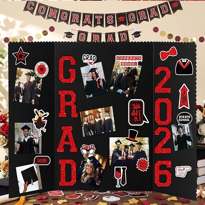 MiniInflat 4 Set 2026 Graduation Picture Trifold Poster Board Double-sided Foldable Photo Display Board Graduation Decoration for Class of 2026 High School College DIY Craft(Black Red,24 x 32 Inches)