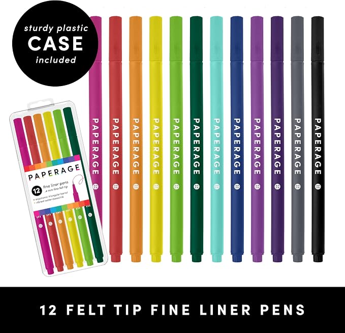 PAPERAGE Felt Tip Fine Point Pens (0.4mm), 12 Pack, Colored Pens For Journaling, Notebooks, Planners, Calendars & Drawing, Great for School, Office, & Home (Rainbow)