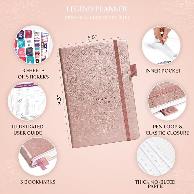 Legend Planner – Undated Weekly & Monthly Life Planner to Hit Your Goals & Live Happier, Organizer Notebook & Productivity Journal, A5 (Rose Gold, Gold)