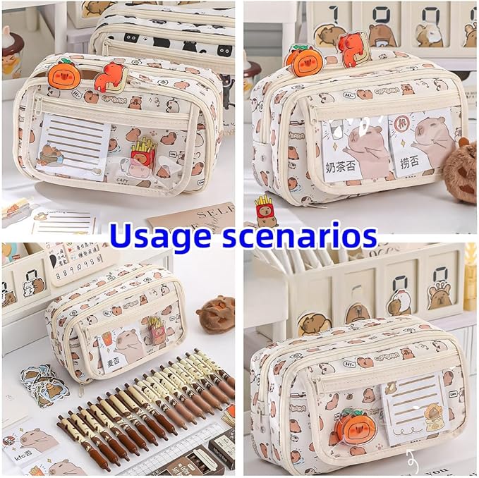Cute Kawaii Pencil Case Pouch Cartoon Pen Box Holder Organizer for Office Workspace Supplies Desk Accessories Travel Essentials Aesthetic Trendy Cool Stuff Gift Large Capacity (Pink Kapibala)