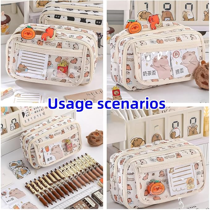 Cute Kawaii Pencil Case Pouch Cartoon Pen Box Holder Organizer for Office Workspace Supplies Desk Accessories Travel Essentials Aesthetic Trendy Cool Stuff Gift Large Capacity (White Kapibala)