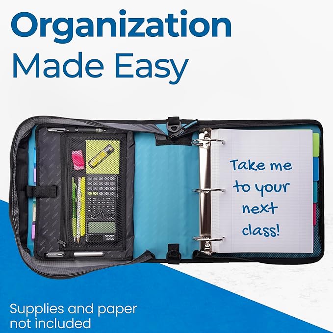 Case-it Mighty Zip Tab School Zipper Binder | 3-Inch O-Rings, 600-Sheet Capacity, 5-Subject Expanding File Folder, Multiple Pockets & Storage Organizer, Shoulder Strap | D-146 Teal