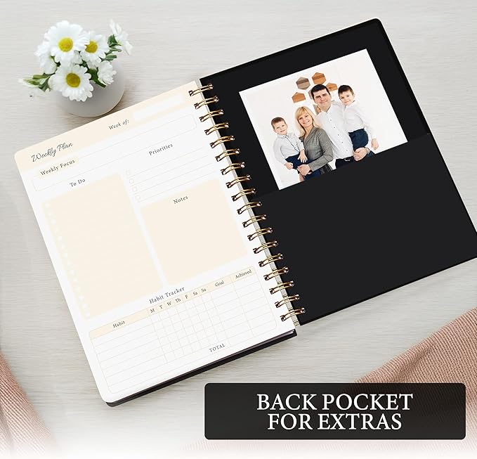 Undated Weekly Planner & Notebook for Work, School & Home — Aesthetic Hardcover Spiral Blank Planner with Habit Tracker, Goal Organizer & To Do List—124 No-Bleed Pages, 6.4×8.5", Black