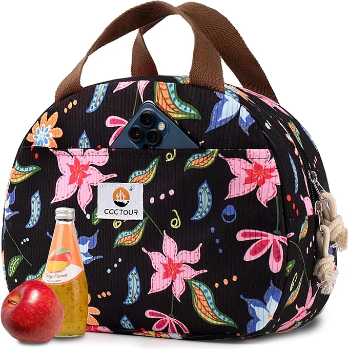 CaCTOUR Lunch Box Lunch Bag for Women Girls Teens, Cute Lunch Box Cooler Bag, Portable Small Insulated LunchBox Reusable Corduroy Lunch Tote for Work/Travel/Picnic/School - Floral