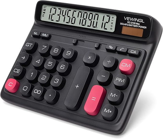 VEWINGL Desktop Calculator with Extra Large LCD Display, 12-Digit Dual Power Solar & Battery Calculator, Big Button Office Calculator for Accounting, Home, School & Business Use (Black)