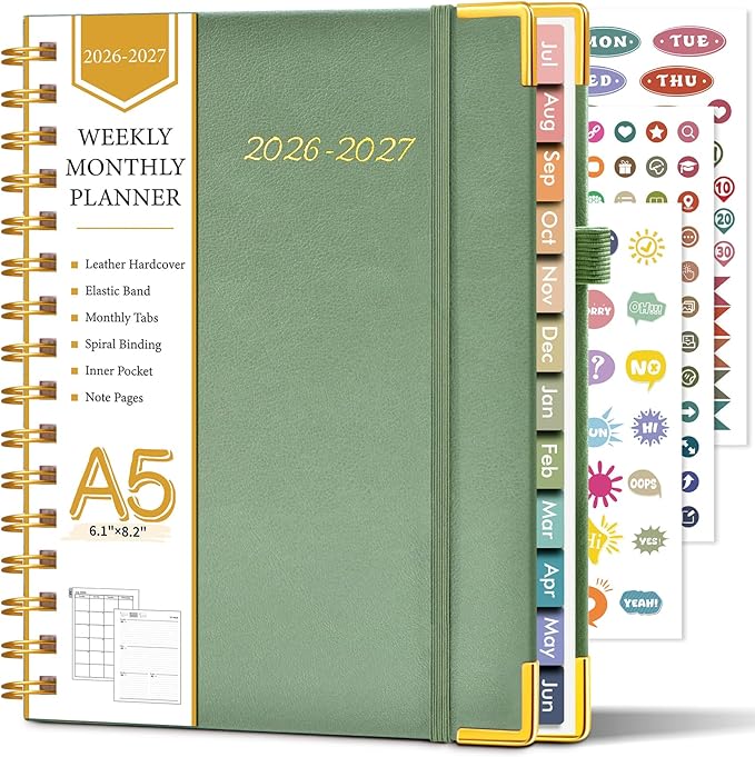 Academic Planner 2026-2027, Hardcover Leather Weekly and Monthly Calendar Planner from July 2026 - June 2027, A5 6.1" x 8.2" Daily Agenda with Tabs, College School Organizer for Student Teacher, Green
