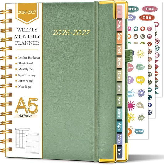 Academic Planner 2026-2027, Hardcover Leather Weekly and Monthly Calendar Planner from July 2026 - June 2027, A5 6.1" x 8.2" Daily Agenda with Tabs, College School Organizer for Student Teacher, Green