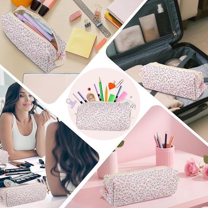 Cute Quilted Pencil Case for Girls Women, Aesthetic Small Floral Pencil Pouch,Slim Soft Pencil Bag for School Supplies Makeup Pouch for School & Daily Use (pink floral)