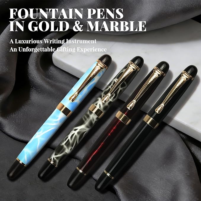 YUNCHUN Marble Fountain Pen for Writing, Refillable Luxury Metal Pens with Ink Pen with 10 Black and 10 Blue Ink Refills, Business Writing Fountain Pen for Men and Women, Marble Black & Red