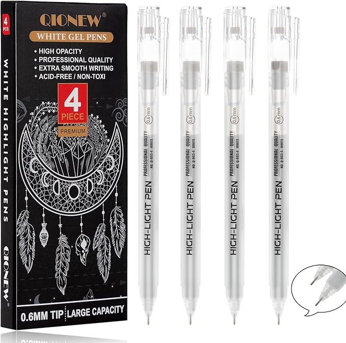Qionew 0.6mm Fine Point White Gel Pens, 4 Pack Gel Ink Pen, for Artists Drawing, and Adult Coloring Books, Opaque White Ink for Black Paper,Sketching,Card Making, Bullet Journaling