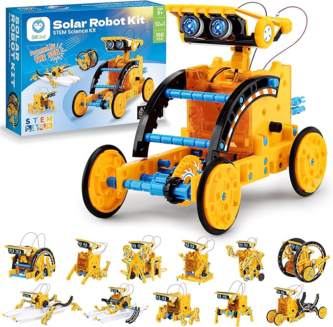 Sillbird Solar Building Robot Kit STEM Gift for Boys Age 8-13, 12-in-1 DIY Educational Science Toys for Kids Birthday, Powered by the Sun Robotics Set with 190 Pieces