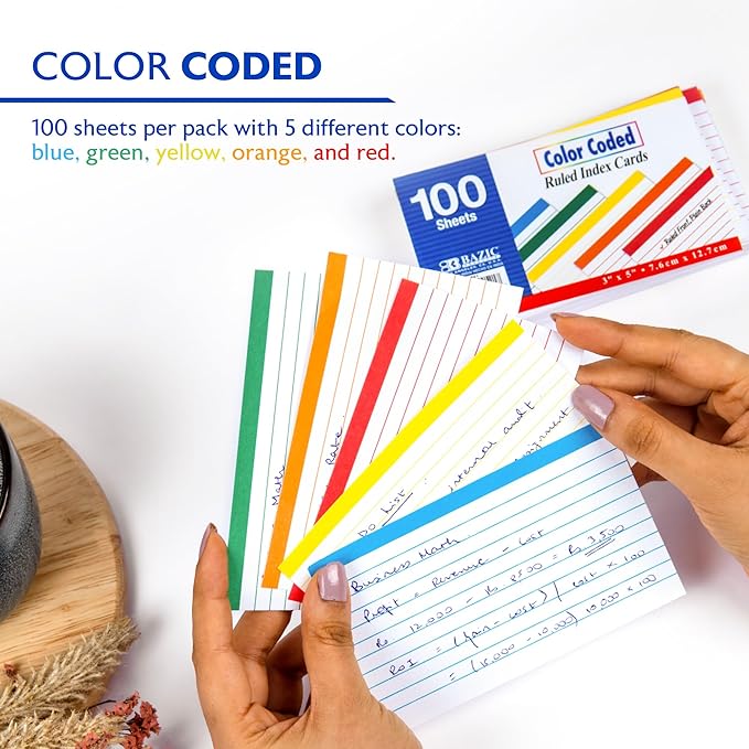 BAZIC Products Ruled Color Coded Index Card 3" X 5", Ruled Lined Card for Learning Memory Reminder, 400 Count