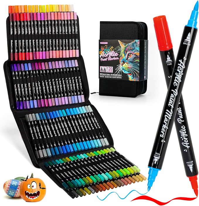 Acrylic Paint Markers,120 Colors Dual Tip Acrylic Paint Pens with Brush and Fine Tips for Rock Painting,Glass,Wood,Ceramic,Canvas,Stone, Vibrant Color Ideal for Artists, Crafters, DIY Projects