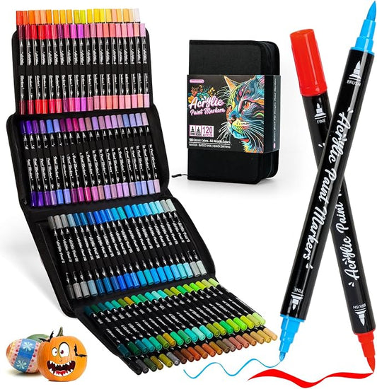 Acrylic Paint Markers,120 Colors Dual Tip Acrylic Paint Pens with Brush and Fine Tips for Rock Painting,Glass,Wood,Ceramic,Canvas,Stone, Vibrant Color Ideal for Artists, Crafters, DIY Projects