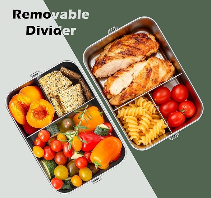 Leonyo 2 Pack 18/10 Stainless Steel Lunch Box for Adults 47oz, 1400ml Metal Bento Box with Removable Divider, 3 Compartments Snack Lunch Containers for Woman Man, Leak-Proof, Dishwasher Safe
