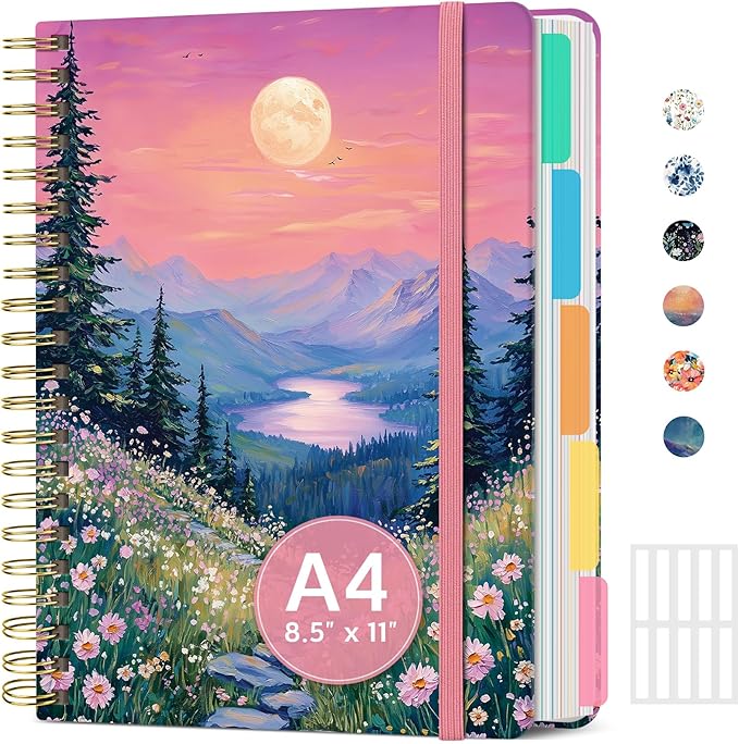 Large Spiral Lined Notebooks for Work with Removable Dividers & Tabs, 8.5"x11" Pretty Hardcover 5 Subject Notebook Journal for Women, College Ruled, for Study & Office, 280 Pages, Lavender Horizon