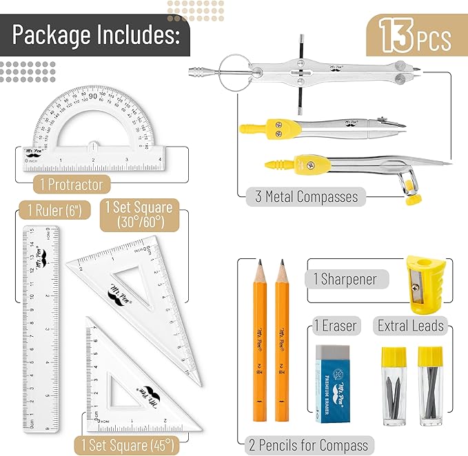 Mr. Pen- Geometry Set, 13 pcs, 3 Metal Compasses, Protractor, 6" Ruler, 45° & 30°/60° Set Squares, Pencils, Lead Refills, Sharpener & Eraser for Math, Drafting & Classroom Use