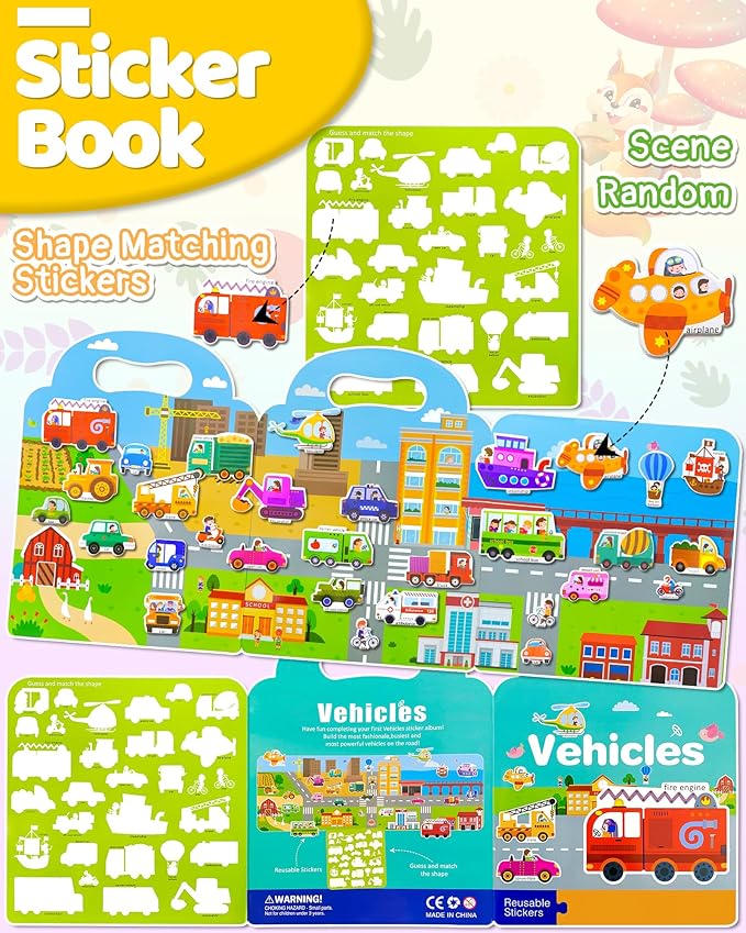 Benresive Reusable Sticker Book for Toddlers, Stickers for Kids, Travel Toys for Arts & Crafts Activities, Birthday Gift for Boys & Girls, Vehicle Themes
